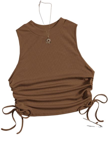 

plus rib knit drawstring ruched tank 03yn#, Black