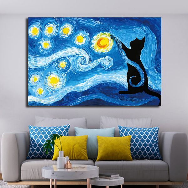 Creatività Gatto nella notte stellata Pittura a olio su tela Cielo stellato astratto Poster e stampe Wall Art for Living Room Home Decor
