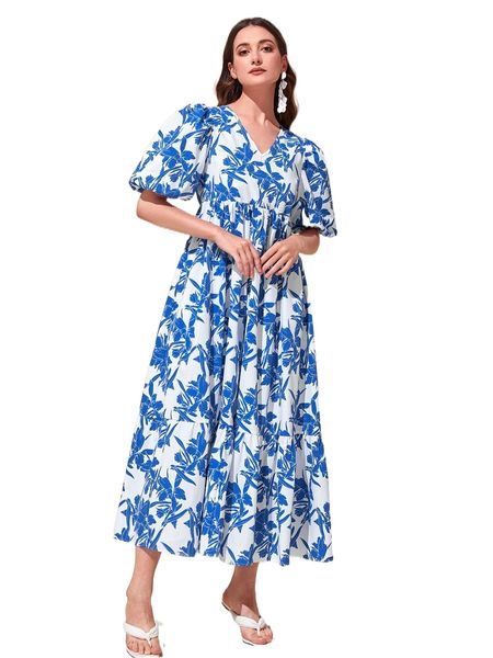 

modely floral print puff sleeve a-line dress a3qe#, Black;gray