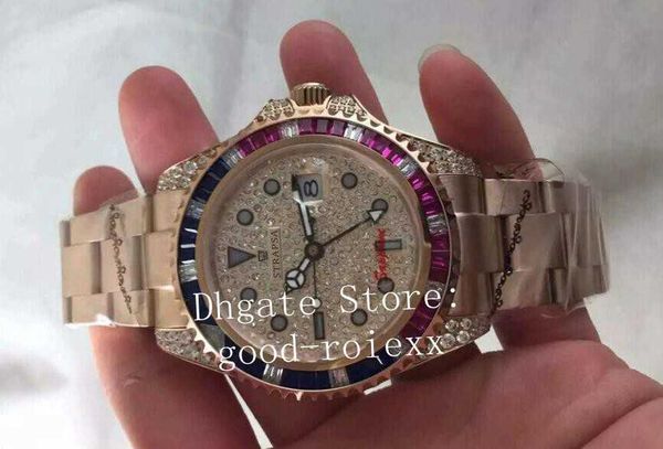 

2 colors luxury rose gold men's pave diamond dial bezel watch mechanical 2813 men watches sapphire 116758 master ii perpetual wristwatc, Slivery;brown