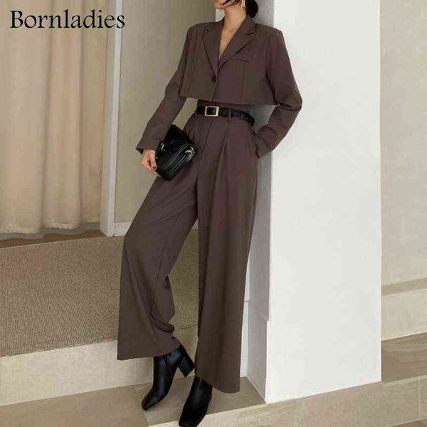 

bornladies office lady blazer suits vintage 2 piece sets women long sleeve short blazer high waist wide leg long pants outfits t220729, Gray