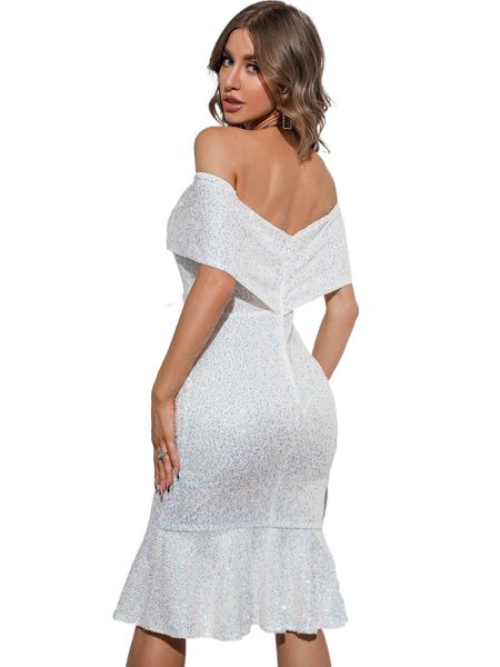 

off shoulder ruffle hem sequins dress t2jj#, Black;gray