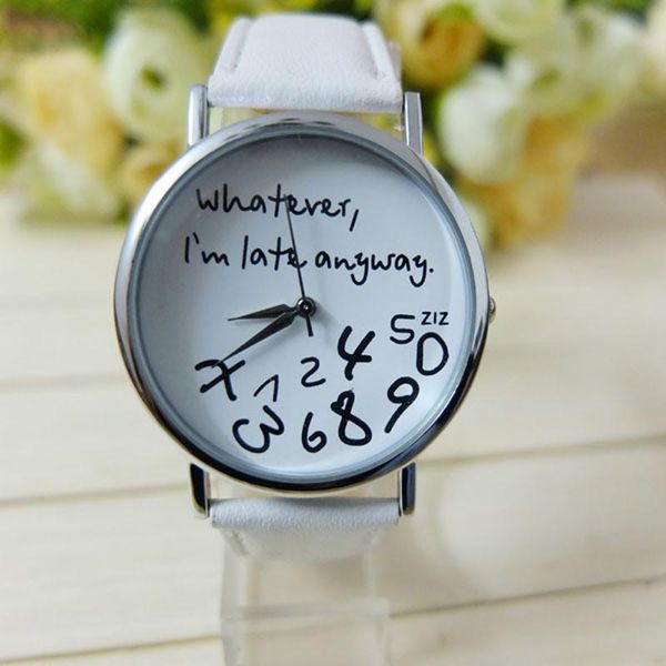 Armbanduhren Mode „Whatever I Am Late Anyway“ Buchstabenmuster Leder Herren Damenuhren Frischer Stil Damenarmbanduhr DamenuhrenArmbanduhr