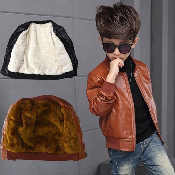 

arrived boys coats autumn sets winter fashion korean childrens plus velvet warming cotton pu leather jacket for kids, White