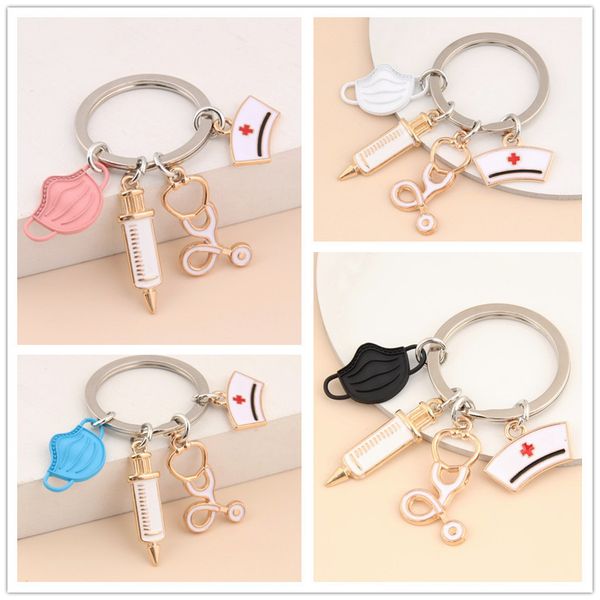 

syringe stethoscope nurse cap mask key ring doctor nurse medical handmade keychain gift, Silver