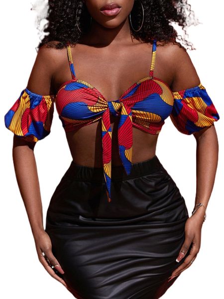 

sxy graphic print knot front cold shoulder crop 14cj#, White
