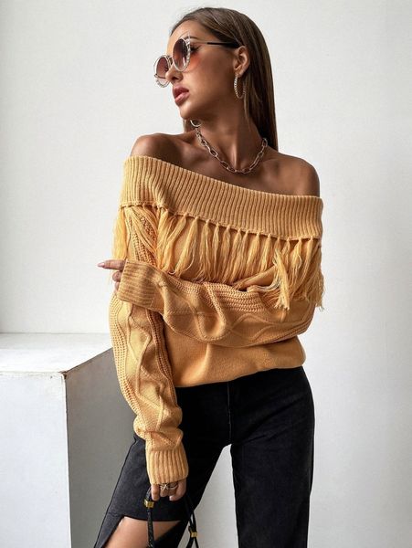 

solid off the shoulder fringe sweater 20ls#, White;black