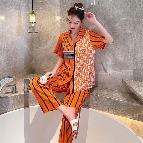 

fashionable new striped pajamas spring and summer simulated silk short sleeved trousers women's home clothes thin suit 55% off shop sal, Black;red