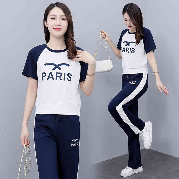 

women's two piece pants black and white stitching t-shirt leisure suit women's summer 2022 korean slim fit sports wide leg pants t