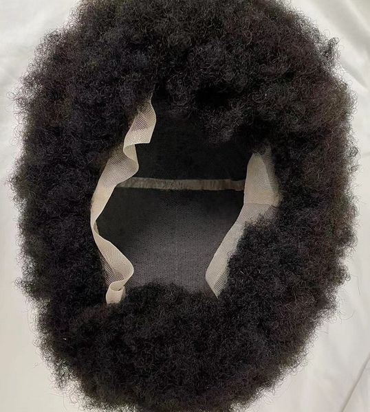 100 indisches Echthaar-Ersatz, schwarze Farbe, Spitzeneinheit, 4 mm, individuelle Afro-Perücke mit voller Kappe für Männer und Frauen