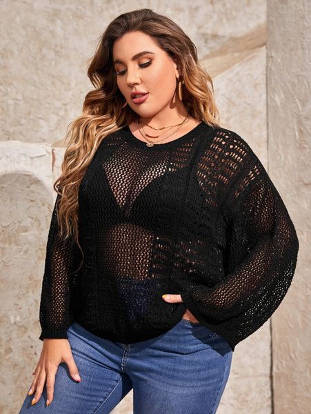 

plus pointelle knit drop shoulder sweater without bra i44u#, Black