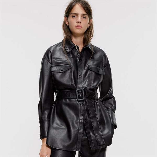 

rr slim pu coats women fashion faux leather jackets women elegant tie belt waist pockets buttons coats female ladies ip, Black