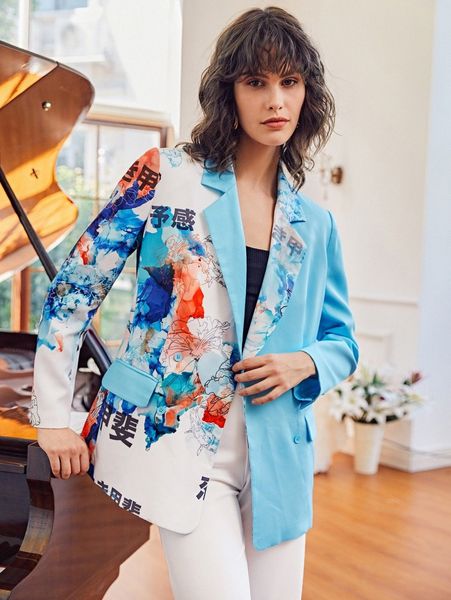 

x becci chinese letter & floral print blazer n4et#, White