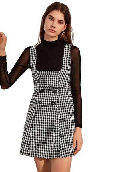 

double button gingham overall dress without e0jv#, Black;gray