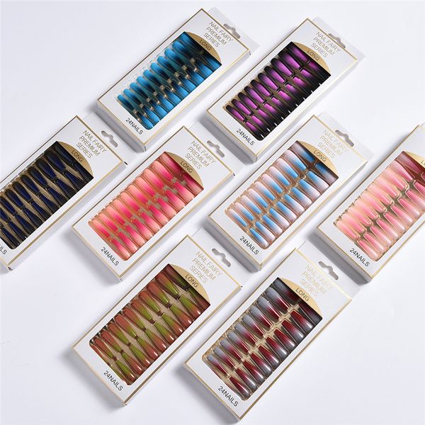 

24pcs false nails long ballerina colorful starry sky gradient bright oil full cover tips stick on nails fake nail diy manicure, Red;gold