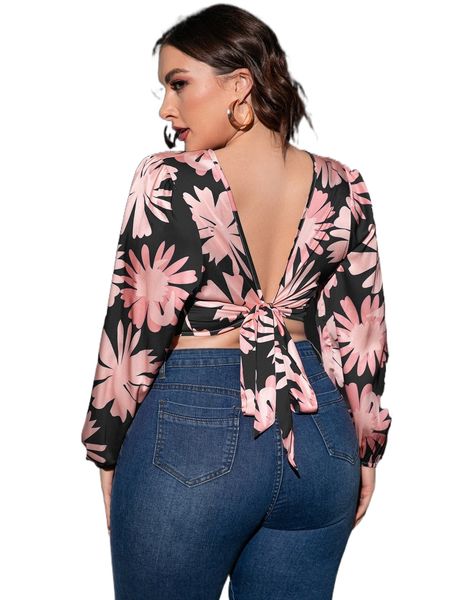 

plus floral print tie back lantern sleeve crop blouse 14ei#, Black