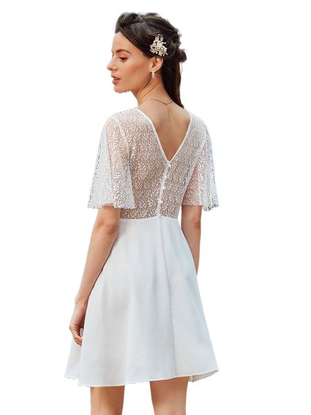 

contrast lace flutter sleeve dress 31cd#, Black;gray