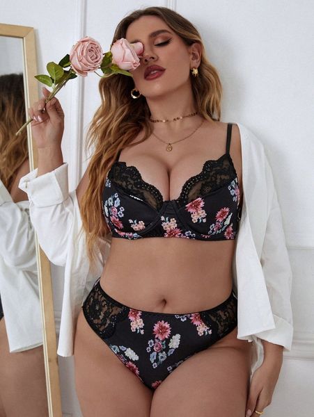 

plus floral print contrast lace underwire lingerie set r6ir#, Black;white