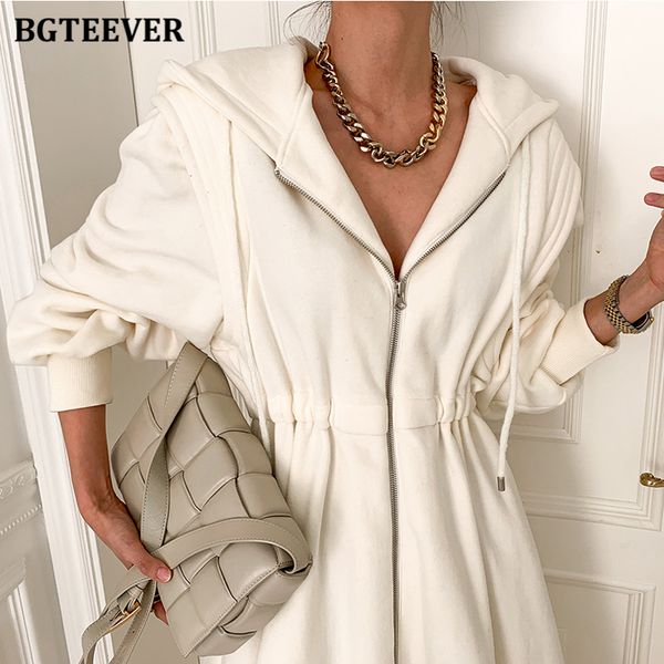 

bgteever chic zippers women hooded sweatshirt midi dress casual elastic waist long sleeve female a-line dress 2021 spring, Black;gray