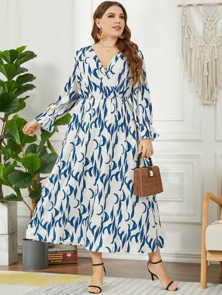 

plus allover print flounce sleeve overlap collar dress l8dn#, Black