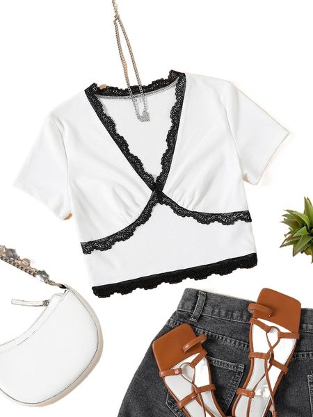 

lace trim rib-knit g0rk#, White