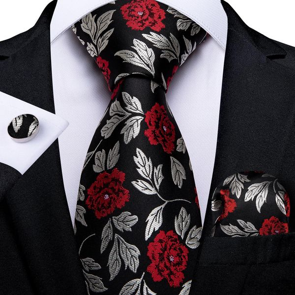 Schwarz Rot Reose Floral Krawatten Für Männer 8 cm Herren Seide Krawatte Taschentuch Manschettenknöpfe Set Business Hochzeit Dibangu