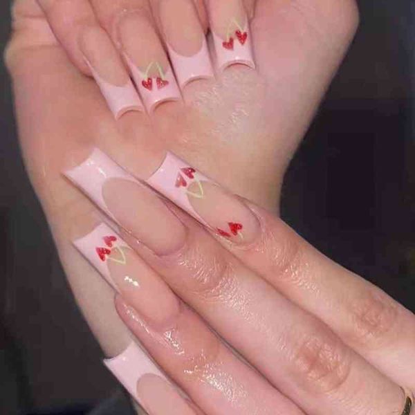 

false nails 24pcs long coffin pink color design with heart cherry pattern diy artificial ballerina fake glue wearable 0616