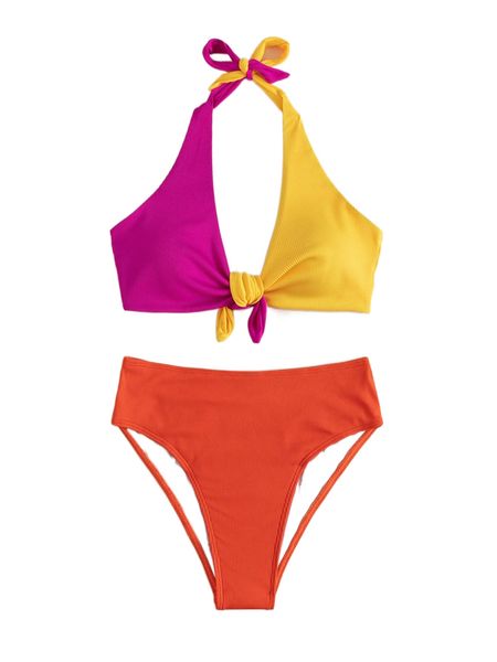 

colorblock tie back halter bikini swimsuit 18od#, White;black