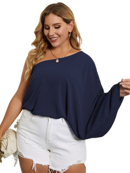 

plus solid one shoulder blouse x4rh#, Black