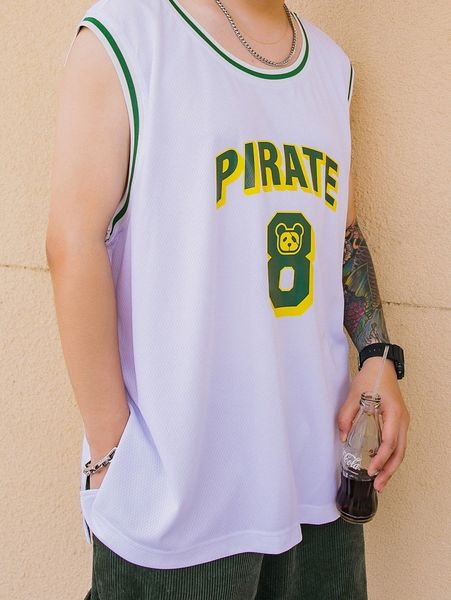 

extended sizes men letter graphic contrast binding tank j3pl#, White;black