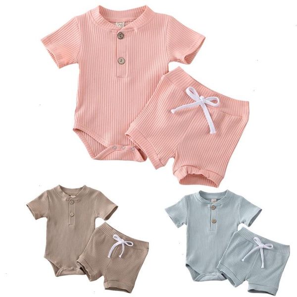 

baby summer clothing kid set clothes boy short sleeve bodysuit girl shorts newborn ribbed solid 2pcs outfits, White