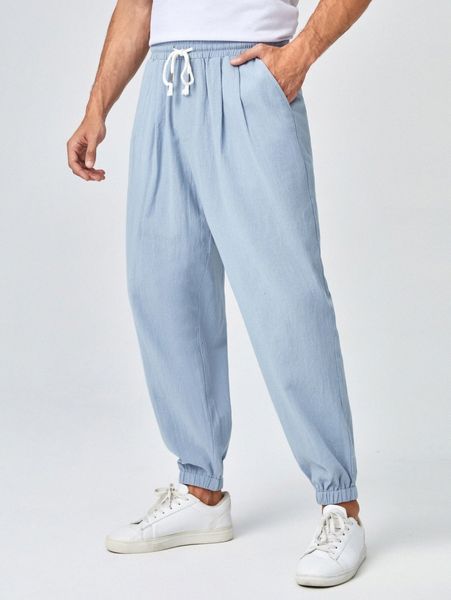 

men plicated detail drawstring waist pants q9qc#, Black