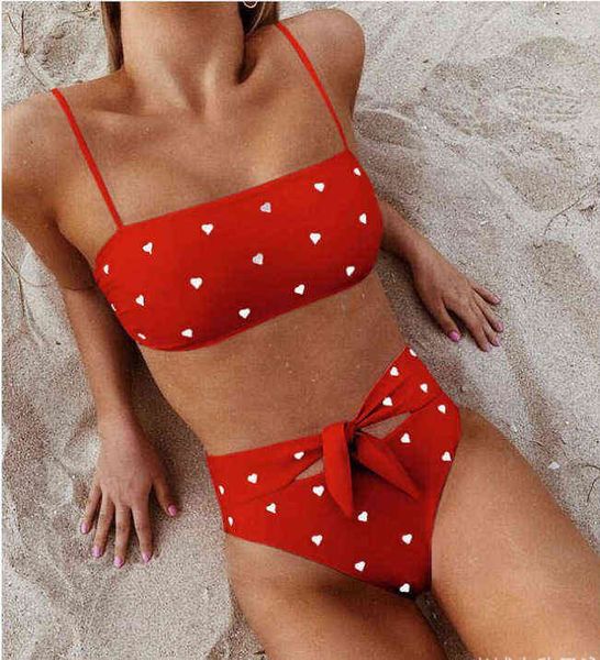 

split women's thin shoulder belt high waist love printed bikini swimsuit, White;black