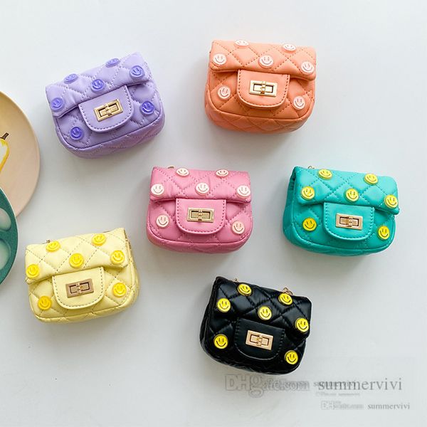 

lady style children smiling face purse girls diamond plaid quilted crossbody bags kids metals buckle chain one shoulder bag q7832, White
