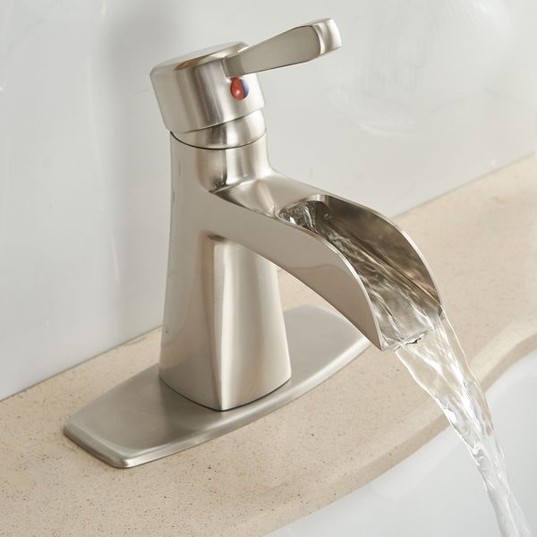 

waterfall single hole single-handle low-arc bathroom sink faucet with pop-up drain assembly in brushed nickel
