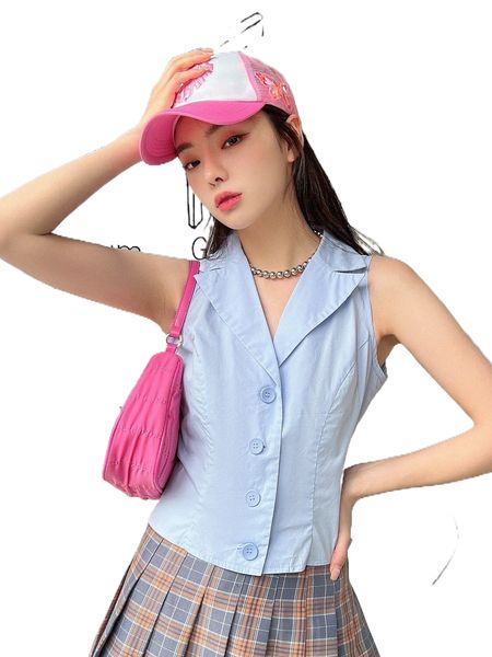 

dazy lapel collar sleeveless single breasted blouse v1nm#, White