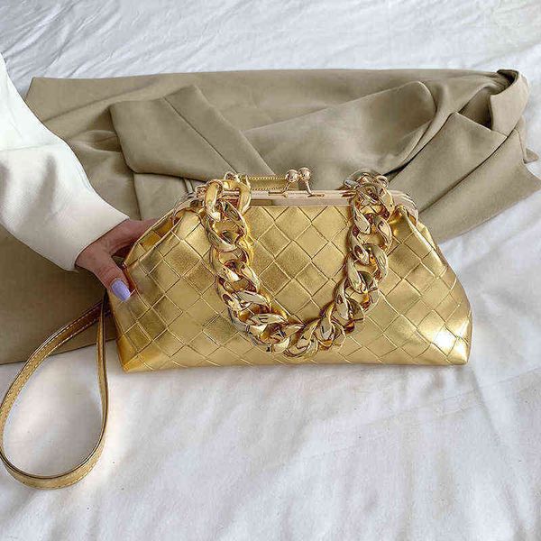 

nxy evening bag thick chain design small weave pu leather padded shoulder crossbody bags for women 2022 dinner party clutch handbags gold 05