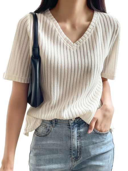

dazy rib knit v neck tee 22sp#, White