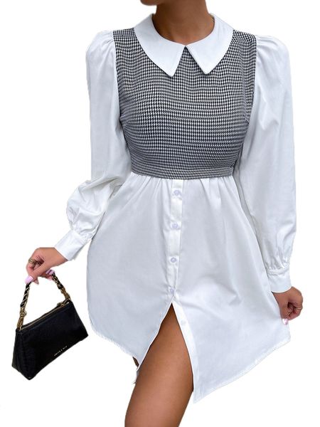 

houndstooth print puff sleeve 2 in 1 dress c08j#, Black;gray