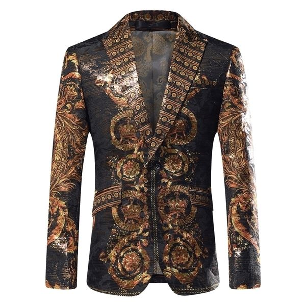 Luxury baroch Wear Wear Blazer Men Stage Costumes Slimt Blazer Blazer Para Hombre Placement Stampa Gold Filati Gold Men Outfit 201104