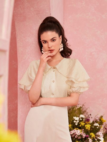 

butterfly sleeve button up blouse p5e6#, White