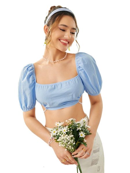 

puff sleeve tie back crop m8mh#, White