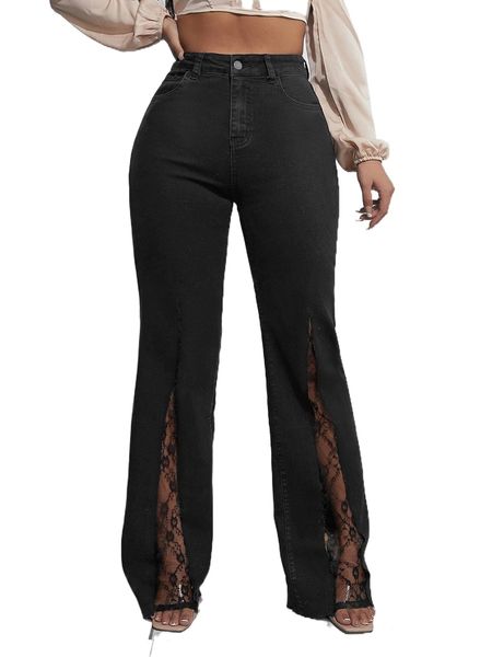 

sxy lace insert flare leg jeans y0mp#, Blue