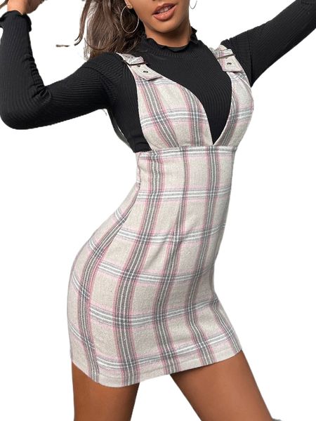 

plaid grommet buckled wool-mix overall dress without sweater t7n0#, Black;gray