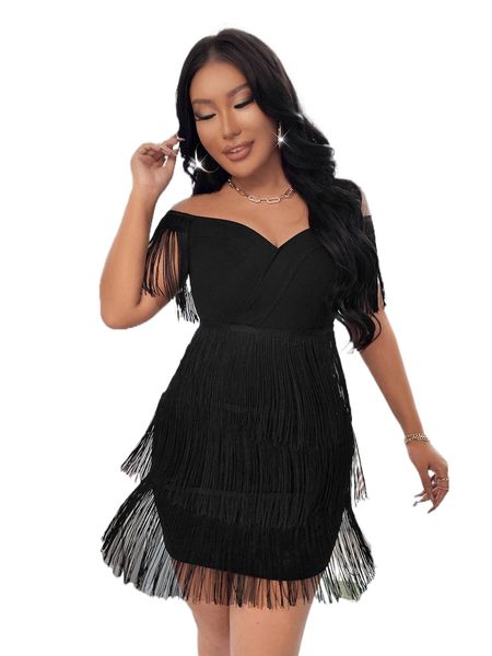 

off shoulder fringe hem dress d0ic#, Black;gray