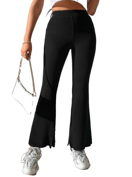 

tall high waist split hem flare leg pants p25w#, Black;white