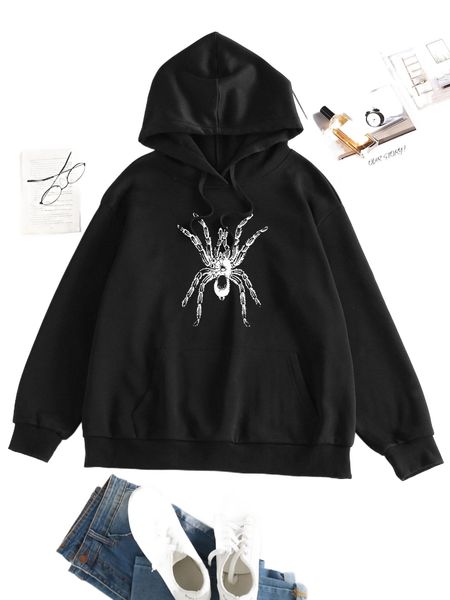 

spider print thermal lined kangaroo pocket drawstring hoodie z3x6#, Black
