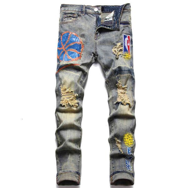 

men's jeans am european men's jeans with holes, embroidered colors, fashion, elastic stamping, slim fit, leggings, high-grade pant, Blue