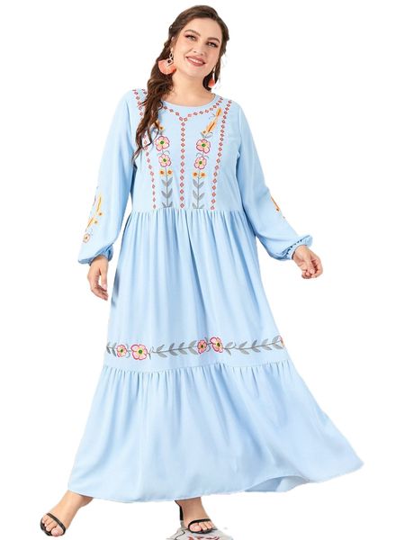 

plus floral embroidery lantern sleeve ruffle hem maxi dress i3b0#, Black