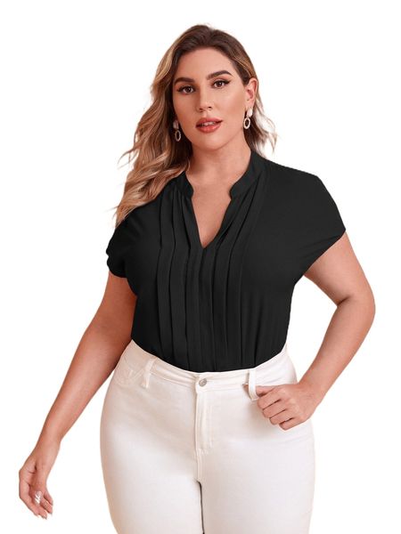 

plus notch neck batwing sleeve pleated y5z6#, Black
